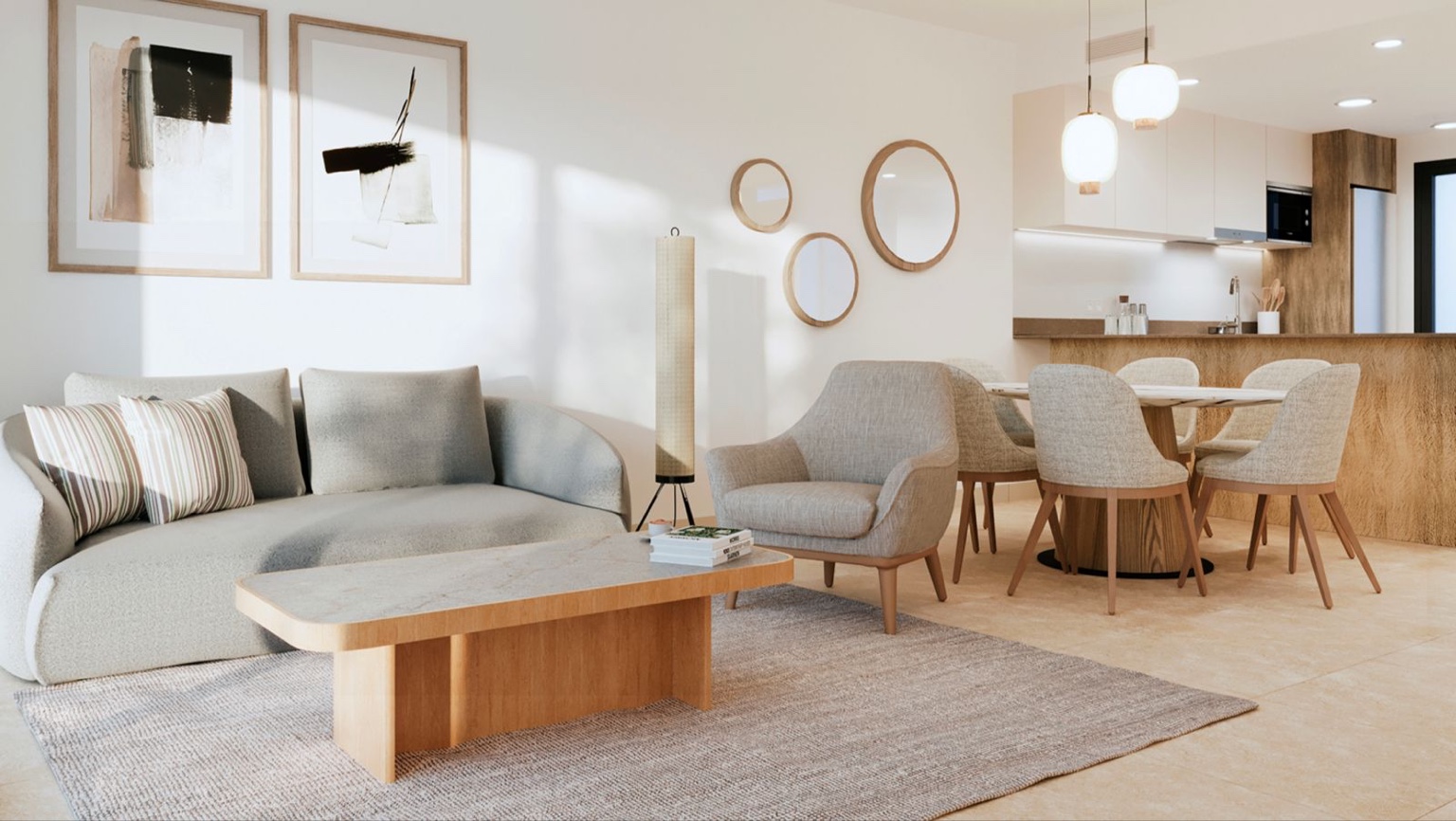 Coronella Living – vizualizace: obývací pokoj s kuchyní